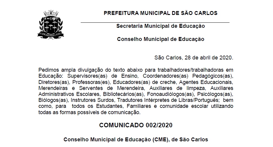 Conselho Municipal de Educação de São Carlos chama comunidade para contribuir com propostas para a educação durante a pandemia